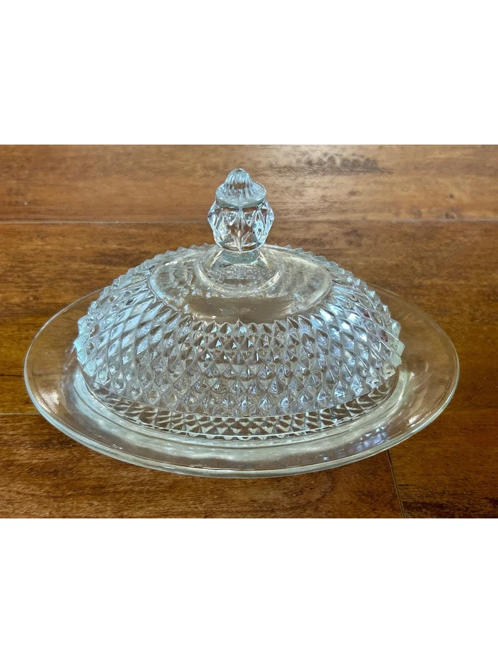 Vintage Clear Glass Covered Butter Dish with Diamond Pattern